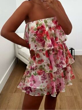 Strapless Pink Floral Tiered Mini Skirt